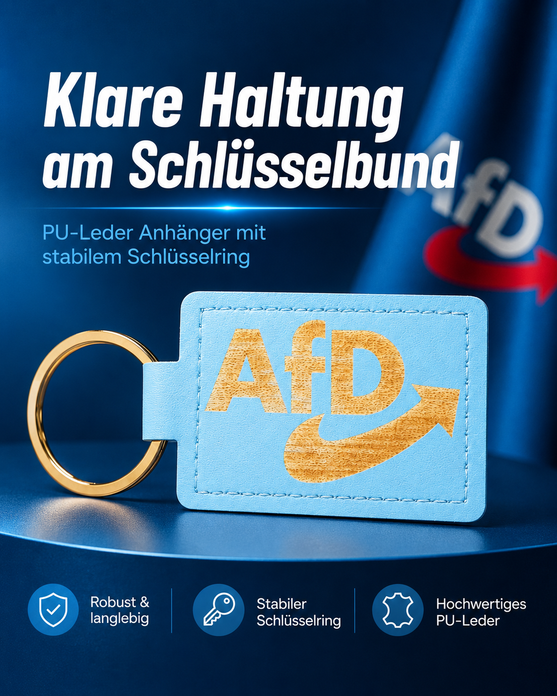 AfD Schlüsselanhänger hellblau – PU-Leder Anhänger mit Lasergravur & Metallring