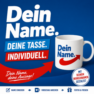 Personalisierte Tasse mit Wunschname – blau-rotes Pfeil-Design
