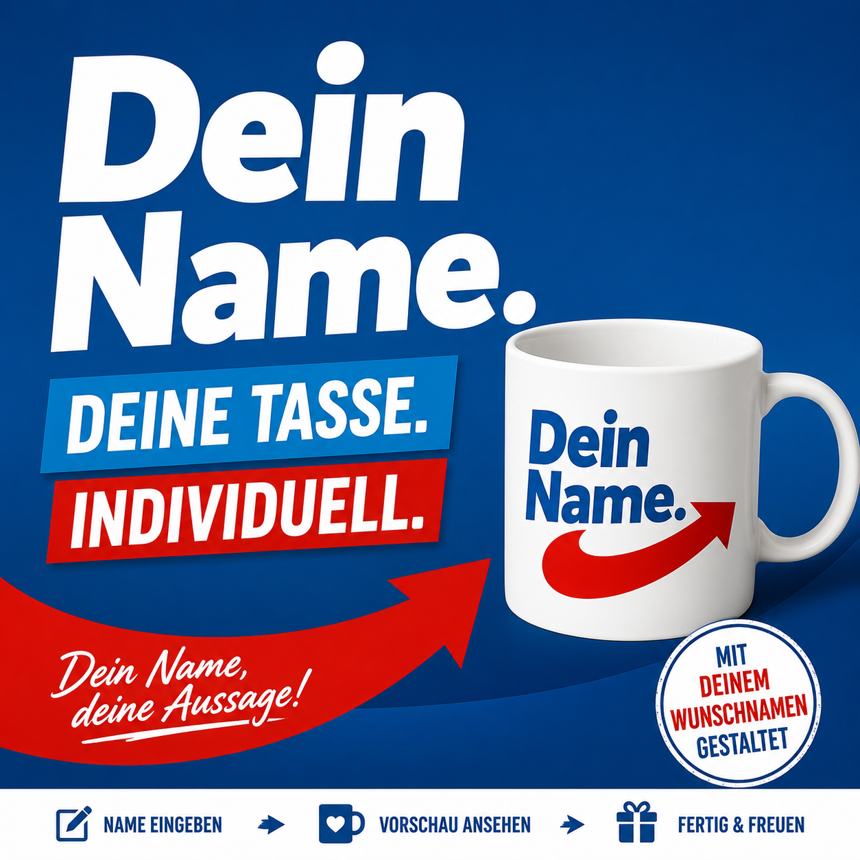 Personalisierte Tasse mit Wunschname – blau-rotes Pfeil-Design