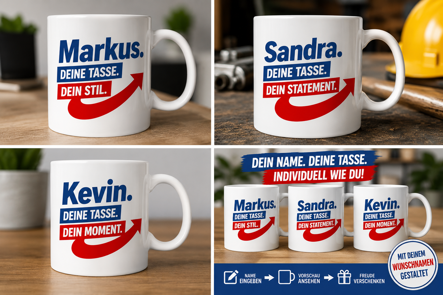 Personalisierte Tasse mit Wunschname – blau-rotes Pfeil-Design – Bild 8