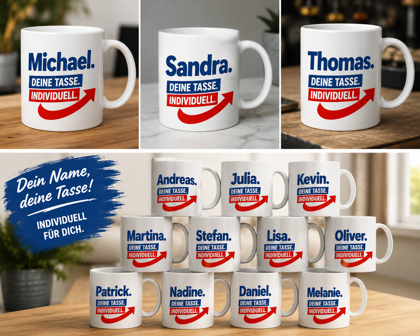 Personalisierte Tasse mit Wunschname – blau-rotes Pfeil-Design – Bild 9