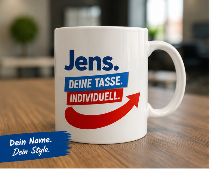 Personalisierte Tasse mit Wunschname – blau-rotes Pfeil-Design – Bild 4